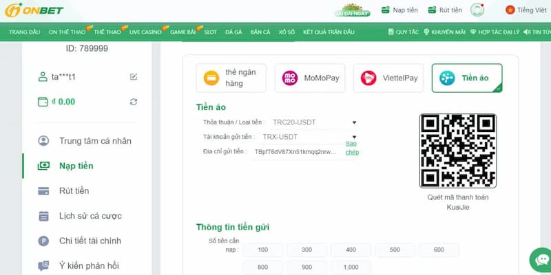 Chi tiết các bước nạp tiền vào tài khoản game ONBET